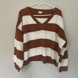 POL Sweater‎ Womens Size M Crewneck Striped Brown White Knit Boxy Oversized Boho